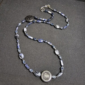 Blue Jasper Beaded Necklace With Silver Tone Greek Key Motif Center Bead 30 In o